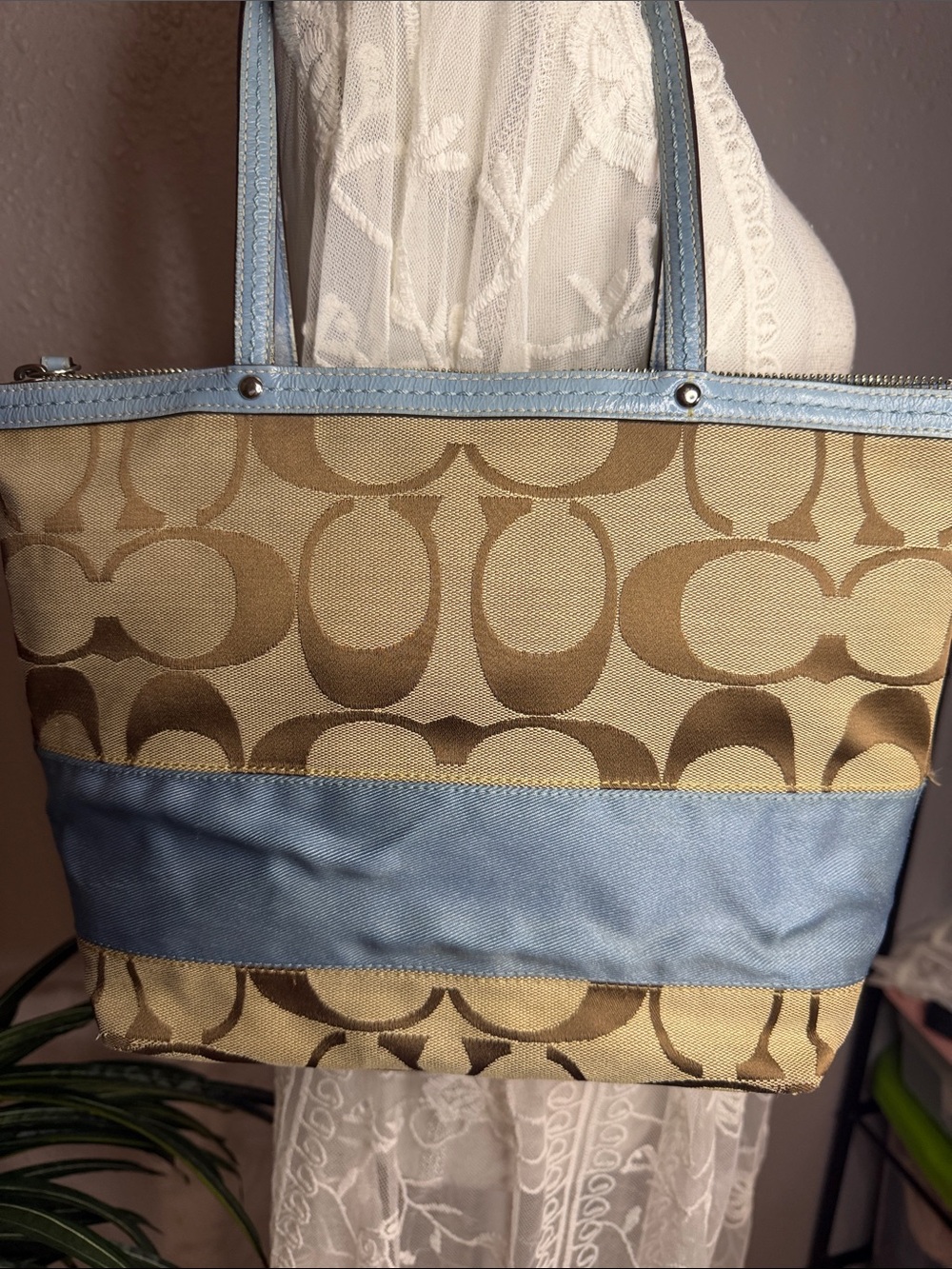 Coach Beige Signature Canvas Tote with Light Blue Trim - Picture 3 of 14